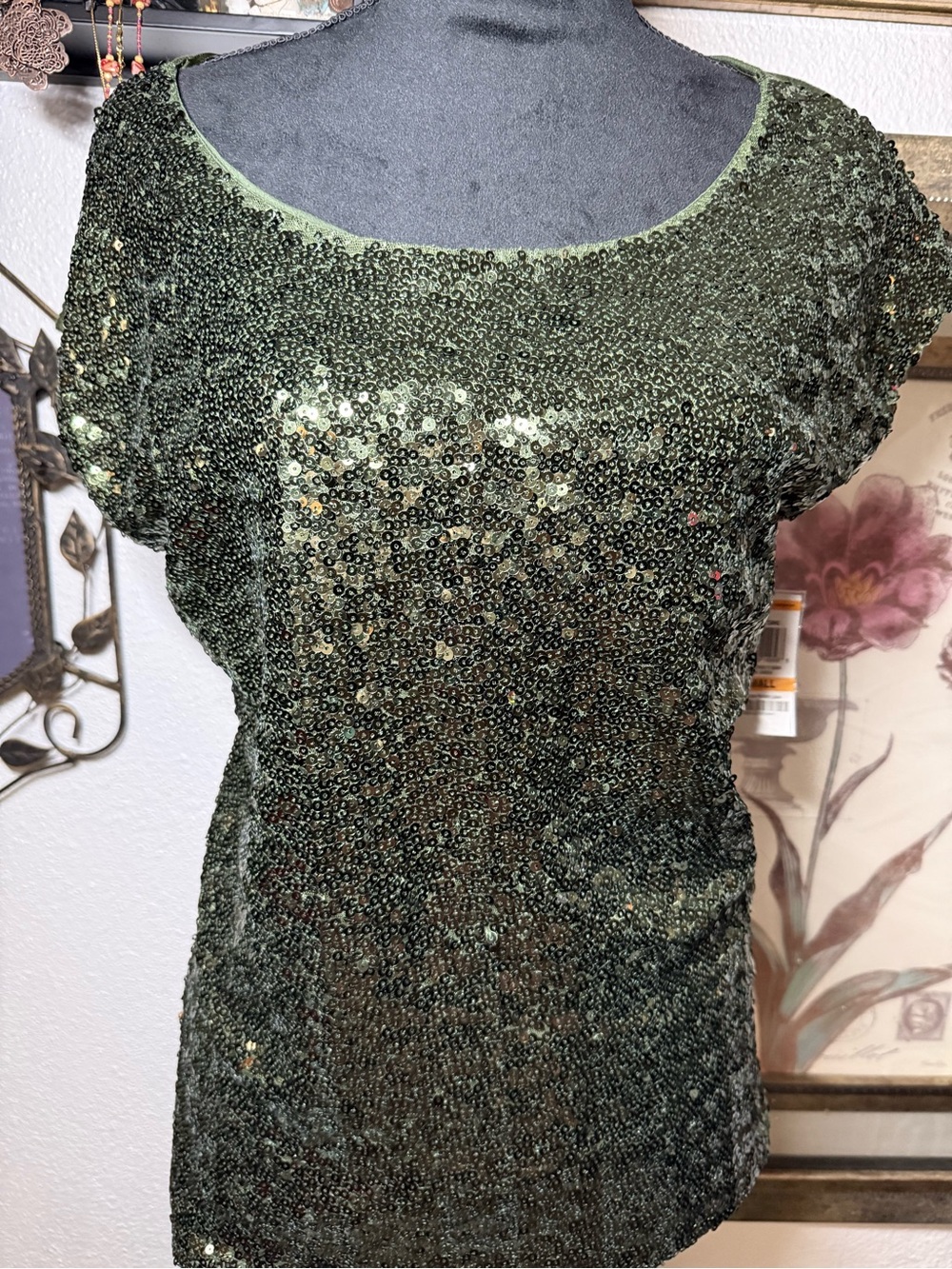 INC International Concepts Olive Green Sequin Front Knit Top NWT •S•